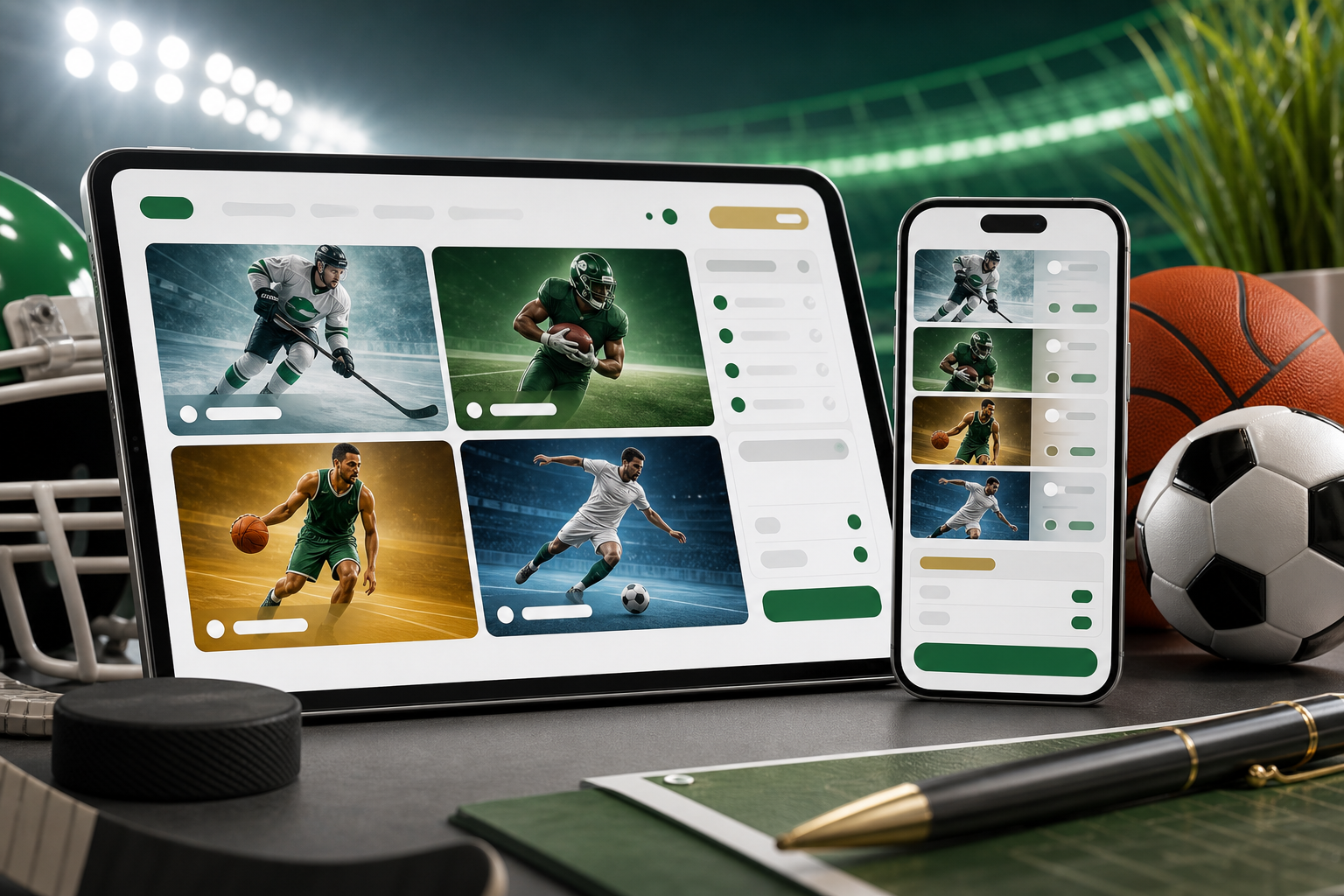 Sports markets and bet slip on desktop and phone